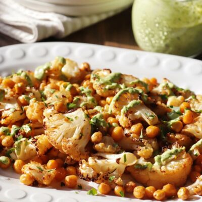 Roasted Cauliflower and Chickpeas Recipe-Easy Vegan Side Dish-Spiced Cauliflower and Chickpeas-Roasted Cauliflower Recipe