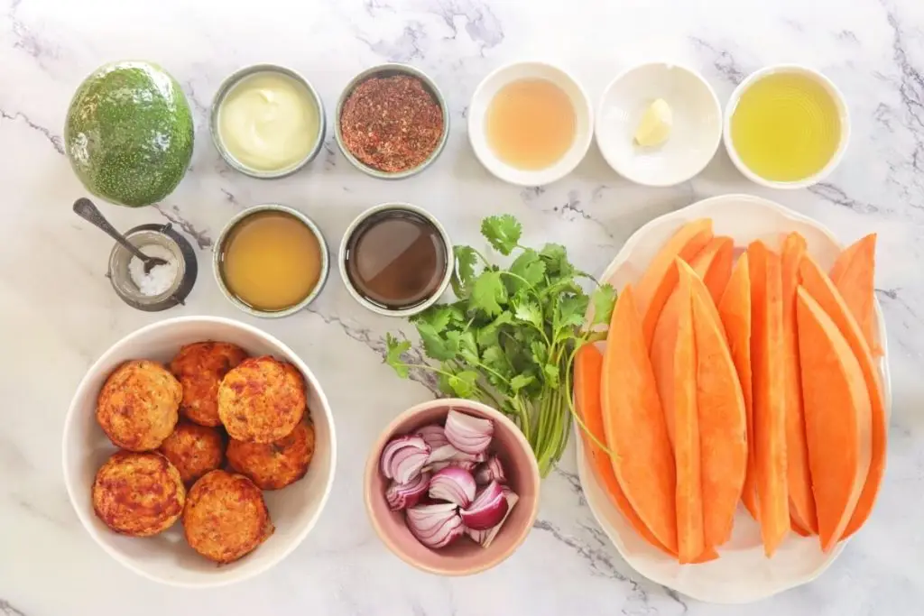 Ingredients for Avocado Mojo Sweet Potato Bowls