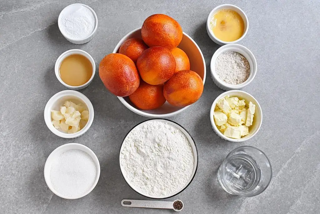 Ingredients for Caraway Blood Orange Tart