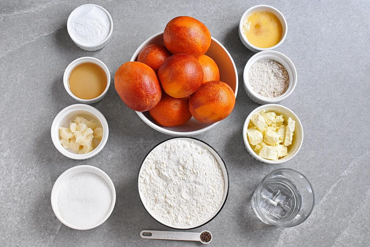 Ingredients for Caraway Blood Orange Tart