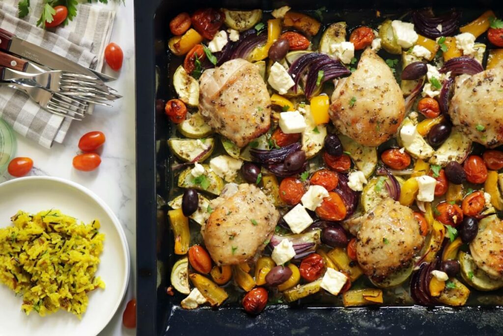 How to serve Greek Sheet Pan Chicken Dinner