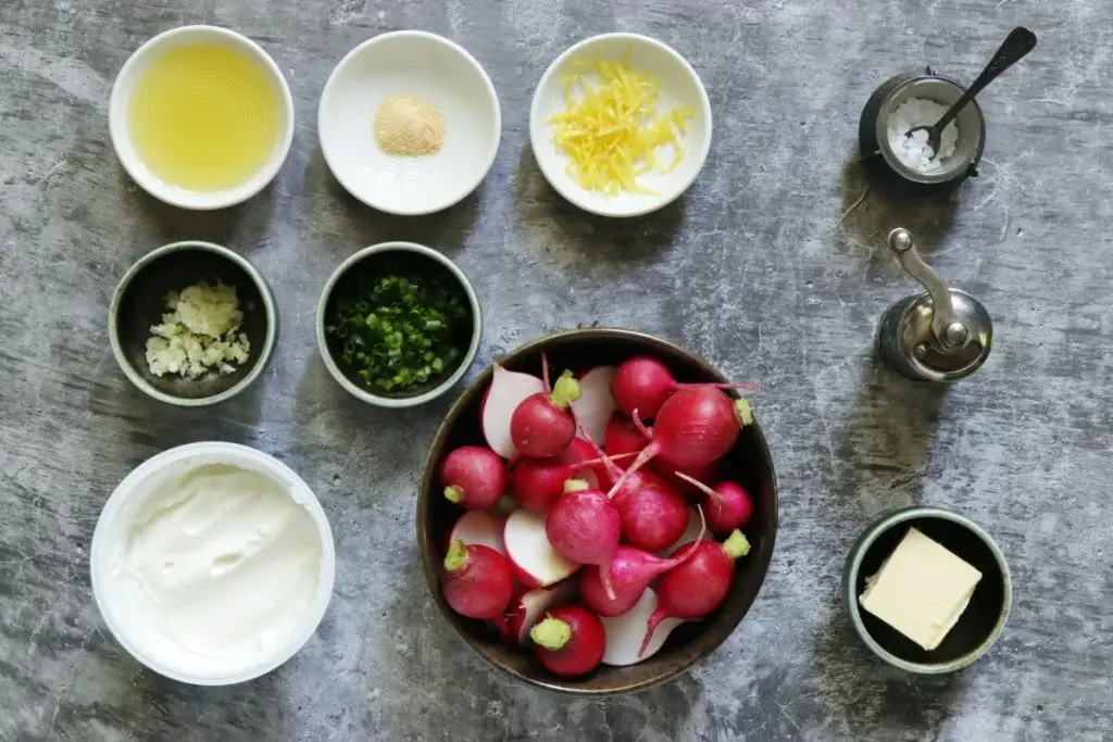 Ingredients for Roasted Radishes with Yogurt Sauce