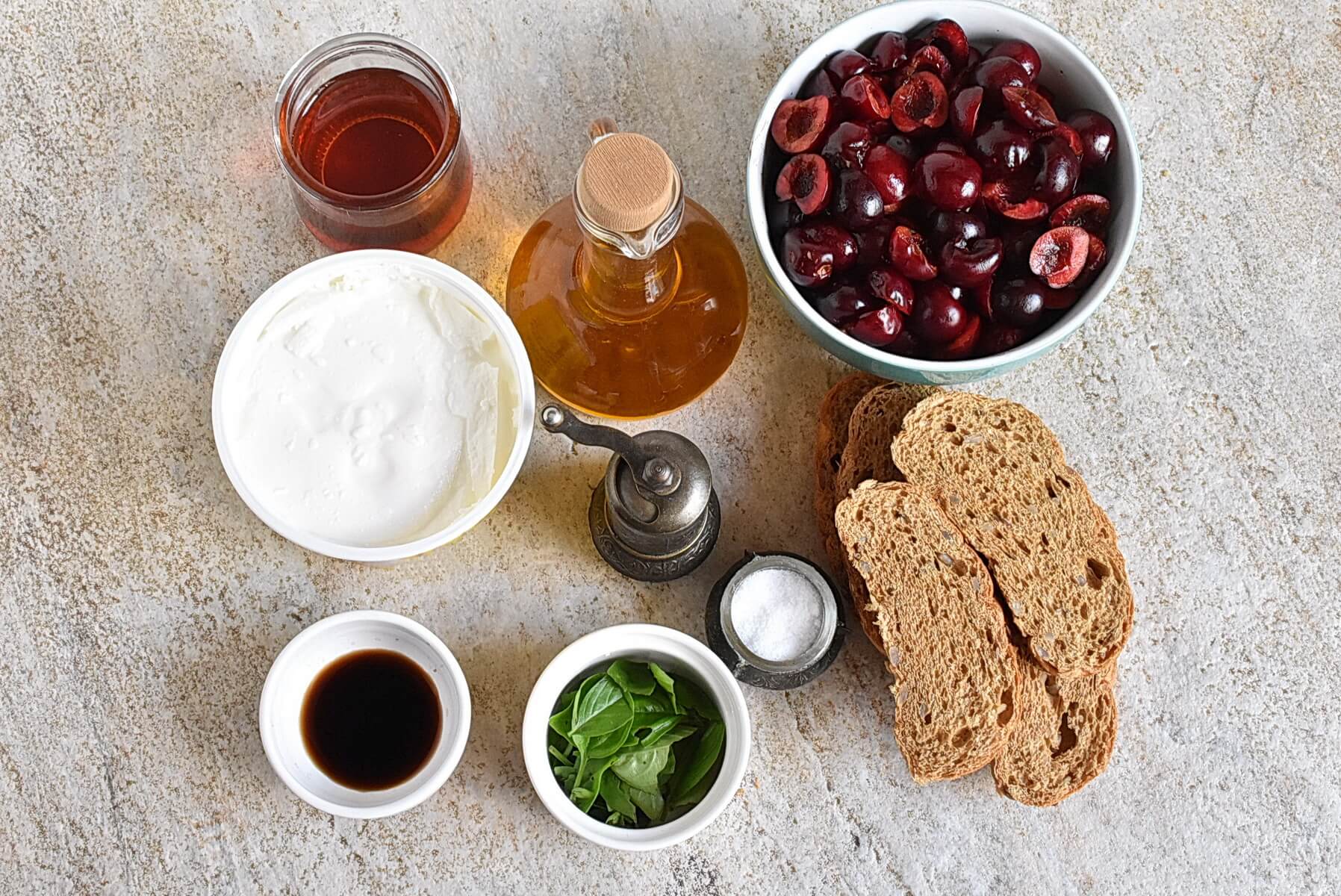 Ingridiens for Whipped Ricotta with Roasted Sweet Cherries