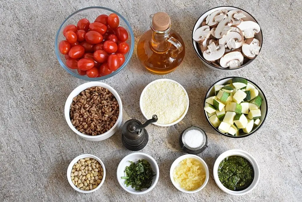 Ingredients for Farro with Blistered Tomatoes & Pesto