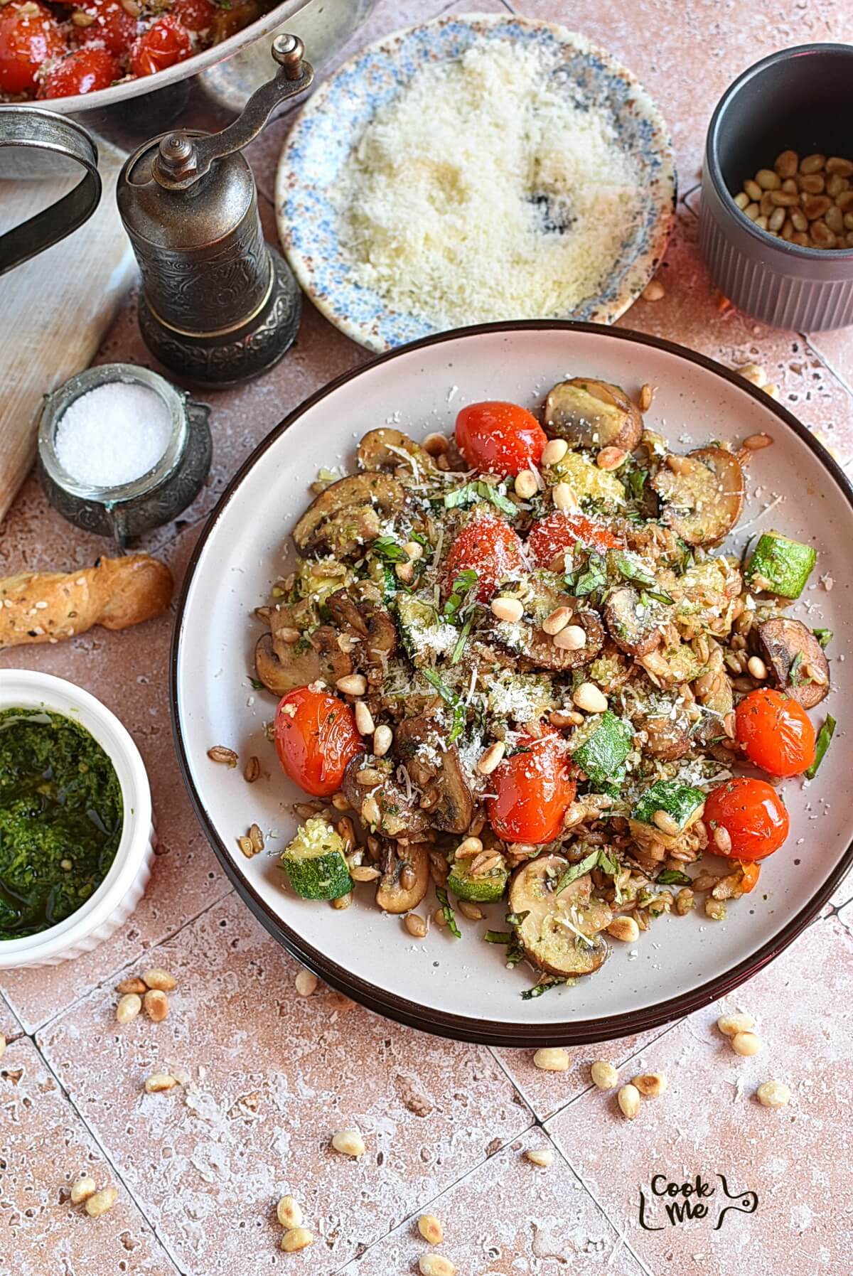 Farro with Blistered Tomatoes & Pesto Recipe - Easy Step-by-Step Guide | COOK.ME