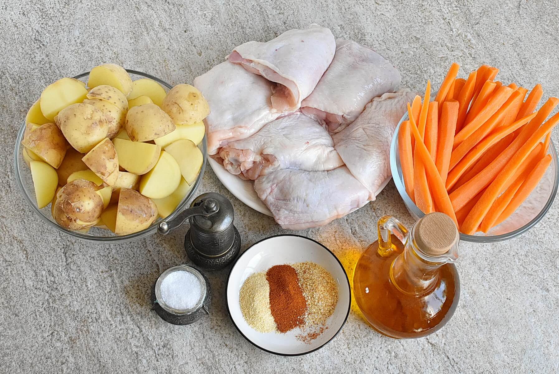 Ingridiens for One-Pan Chicken, Carrots & Potatoes