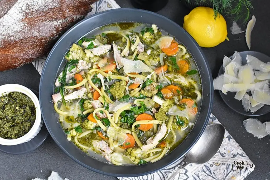 Lemony Pesto Chicken Noodle Soup