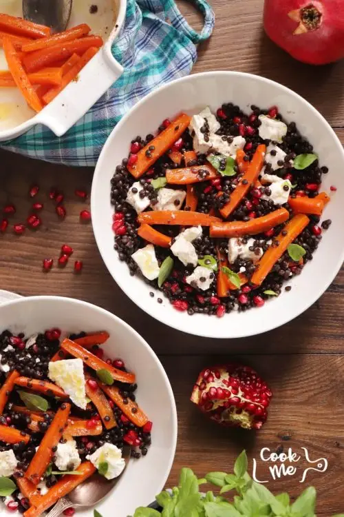 With roasted carrots, pomegranate and feta