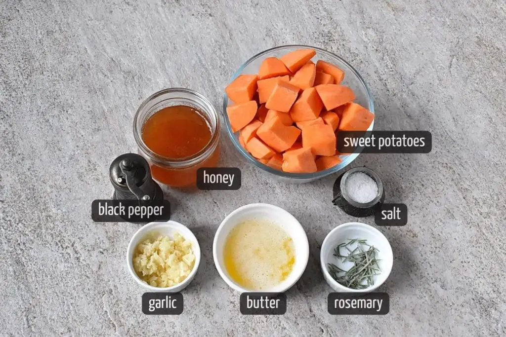 Ingredients for Garlic Honey Roasted Sweet Potatoes