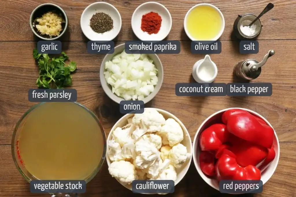 Ingredients for Vegan Roasted Red Pepper and Cauliflower Soup