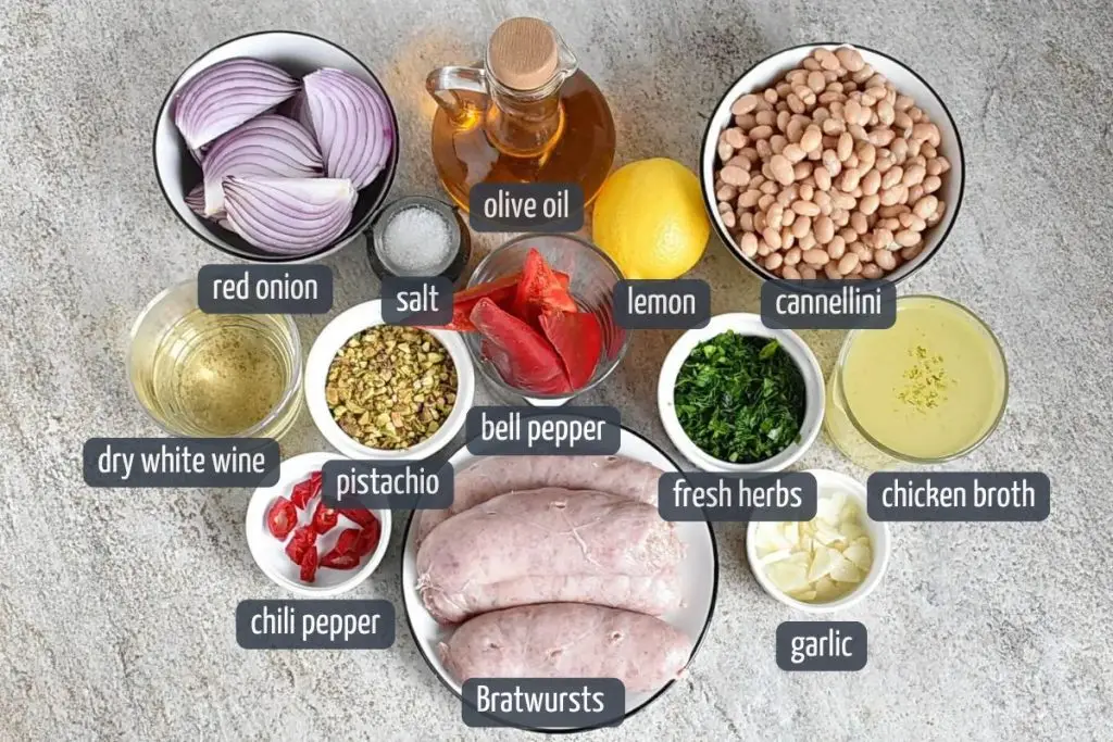 Ingredients for White Beans and Pork Sausage with Pistachio-Lemon Crumble