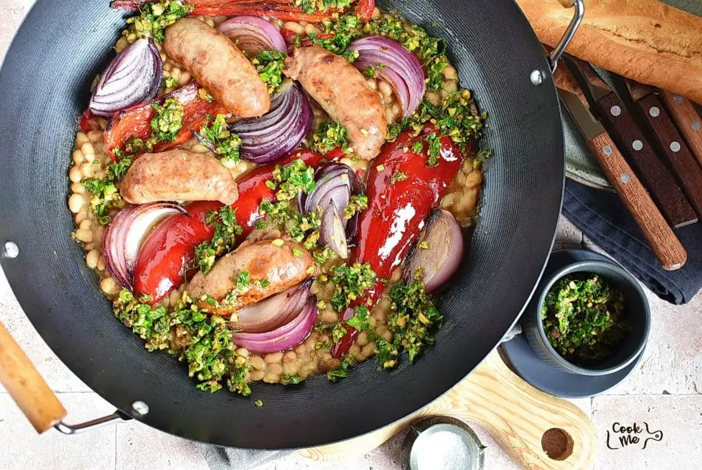 White Beans and Pork Sausage with Pistachio-Lemon Crumble