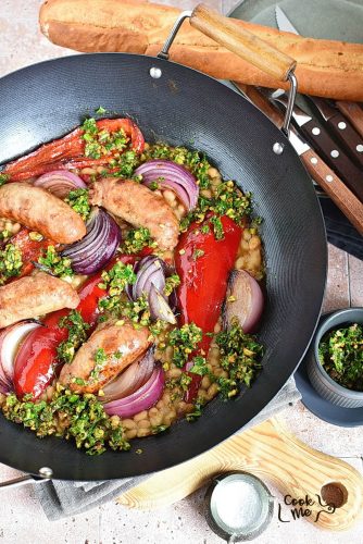 White Beans and Pork Sausage with Pistachio-Lemon Crumble