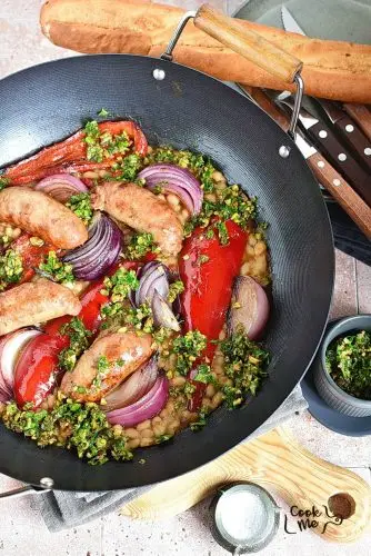 White Beans and Pork Sausage with Pistachio-Lemon Crumble
