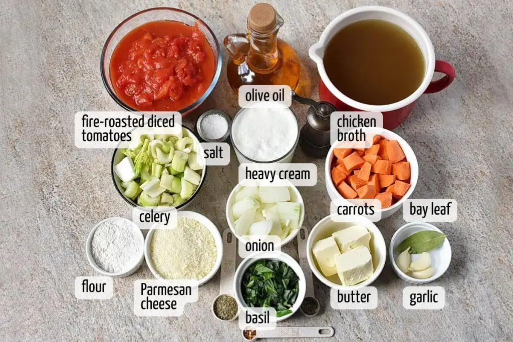Ingredients for Creamy Parmesan Tomato Basil Soup