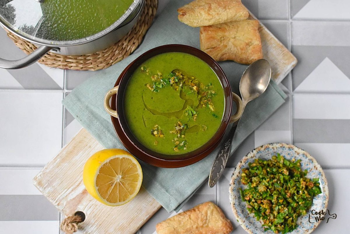 Spinach Potato Soup with Pistachio Gremolata