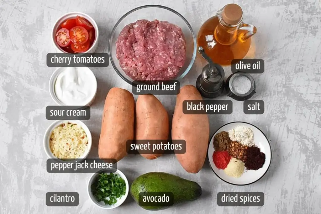Ingredients for Sweet Potato Taco Boats with Ground Beef