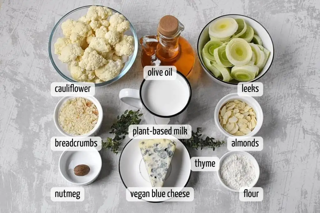Ingredients for Vegan Cauliflower, Leek and Cheese Gratin