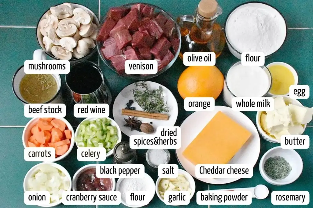 Ingredients for Mulled Wine-Braised Venison Cobbler with Cheese Scones