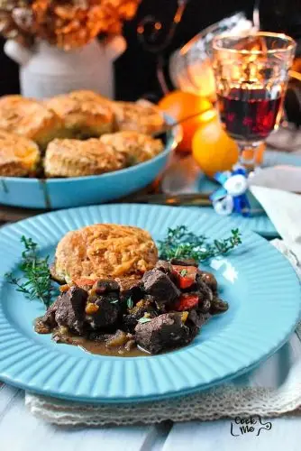 Mulled Wine-Braised Venison Cobbler with Cheese Scones