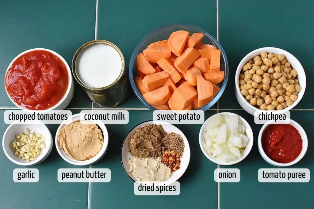 Ingredients for Slow Cooked Sweet Potato Stew with Peanut Butter: A Nutritious Vegan Meal
