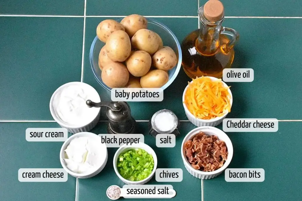 Ingredients for Twice Baked Potato Bites with Bacon & Cheese