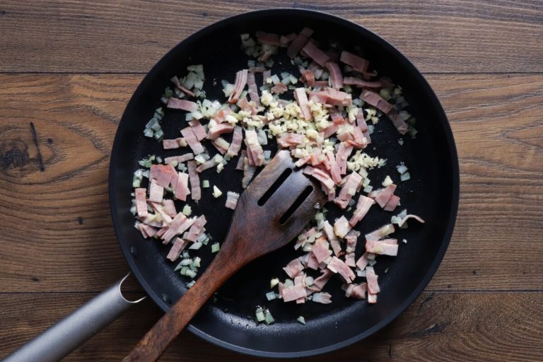 Step 1 - Pan Fried Brussels Sprouts with Turkey Bacon