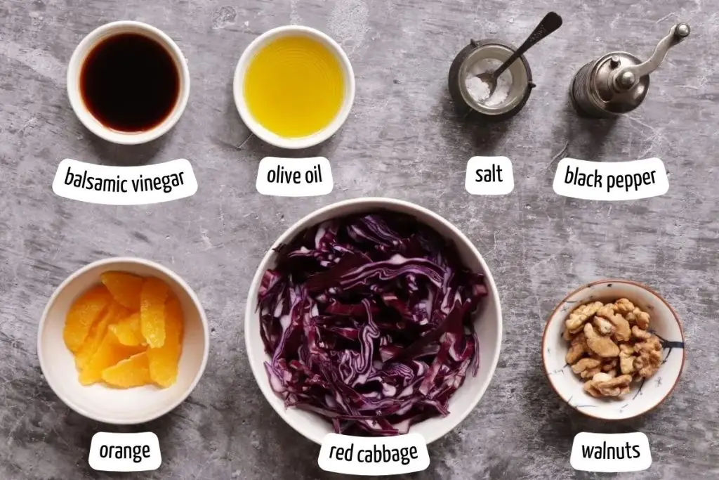 Ingredients for Modern Danish Red Cabbage Salad with Oranges and Nuts