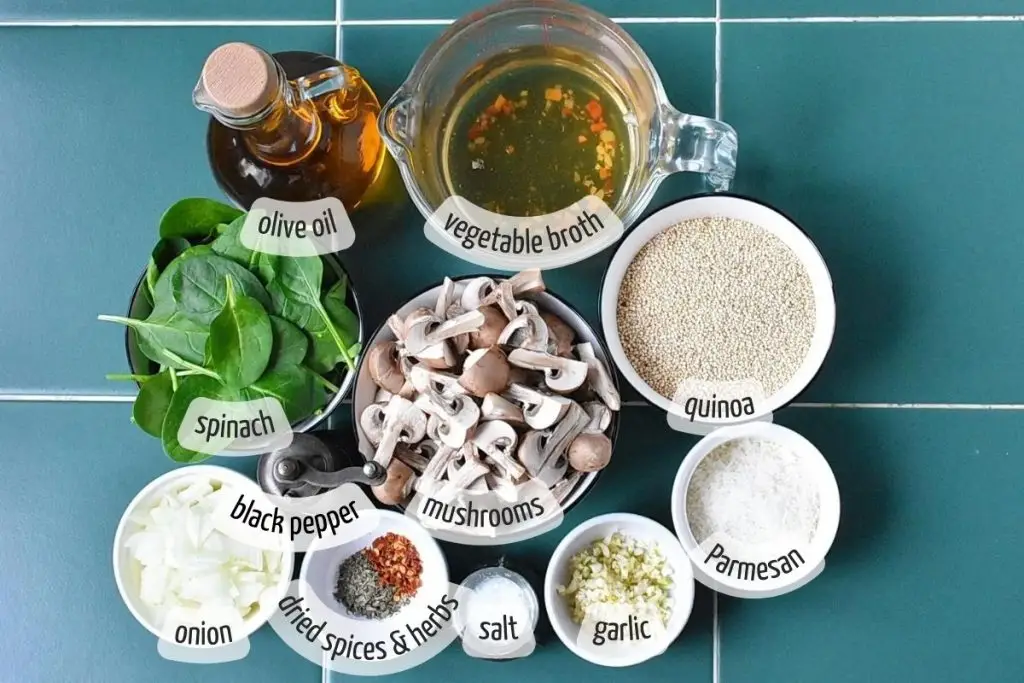 Ingredients for Spinach Mushroom Quinoa Skillet