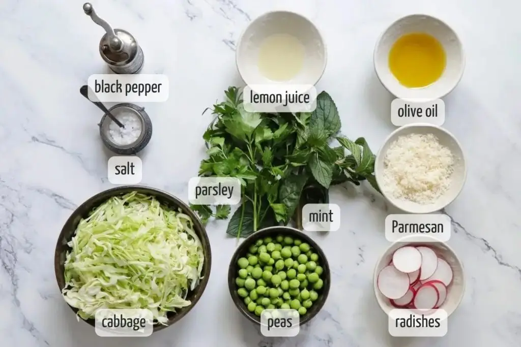 Ingredients for Easter Pea Salad with Cabbage and Parmesan